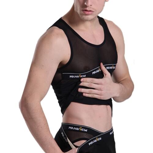 Transparent Sexy Tank Tops See Though Mesh Sleeveless Breathable Vest Mens Workout Sport Fitness Clothing Fashion Black Bodysuit