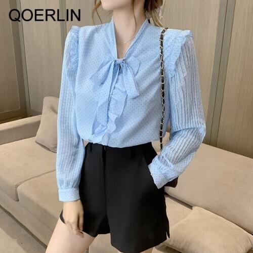 QoerliN Polka Dot Blouse Women Bowknot Lantern Sleeve Shirts Female Plus Size Elegant Chiffon Shirts Ruffles Pleated Sleeve Tops