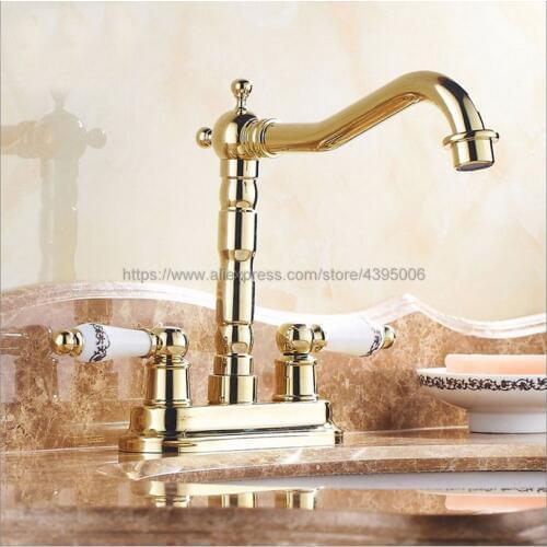 Luxury Gold Color Brass Bathoom Kitchen Faucet Swivel Spout Dual Handles Lavatory Sink Mixer Taps Deck Mounted Bnf428