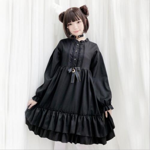 Vintage Gothic Long Sleeve Black Japanese Lolita Dress Court Kawaii Girl Lolita Cos Loli Tea Party Student Dress