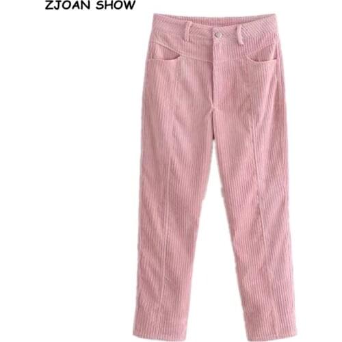 Vintage French Corduroy Pants Autumn Woman High Waist Ankle Length Small Pencil Pink Trousers