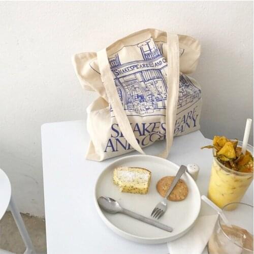 Women French Art Eco Cloth Beige Canvas Bag SHAKESPEARE and Company Shopper Tote Bag Blue Letters Print Thin Cotton Handbag 2021