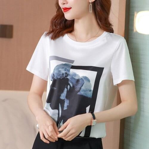 Women T-shirt Summer New Womens O-Neck Short Sleeve Print Patchwork Satin Short Sleeve T-Shirt White plus size