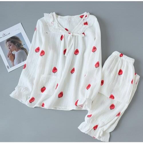 Cotton Crepe Heart Print Women Pajamas Thin Sleepwaer Pyjamas Women 2021 Soft Loose Pajama Set Casumn pullover home service suit