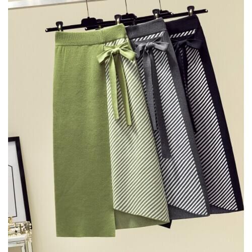 Womens Elastic Waist Knit Skirt Irregular Stripes Stitching Knit Skirt Autumn Winter New High Waist Bow Long Skirt