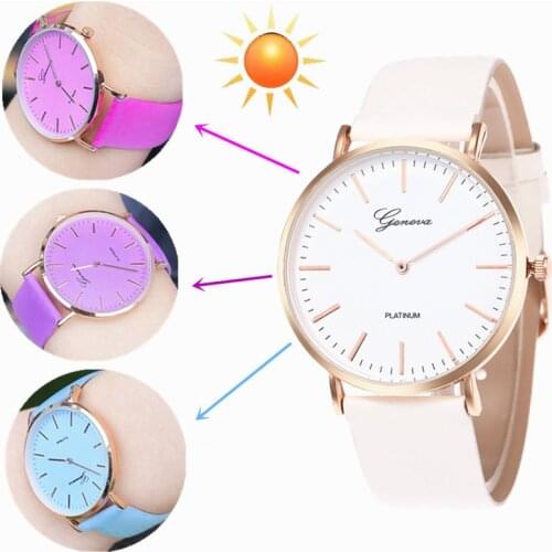 Women Watches Luxury Top Brand Sunlight Changing Color watch Women Leather Strap Gradient Color Quartz Watch Relogio Feminino