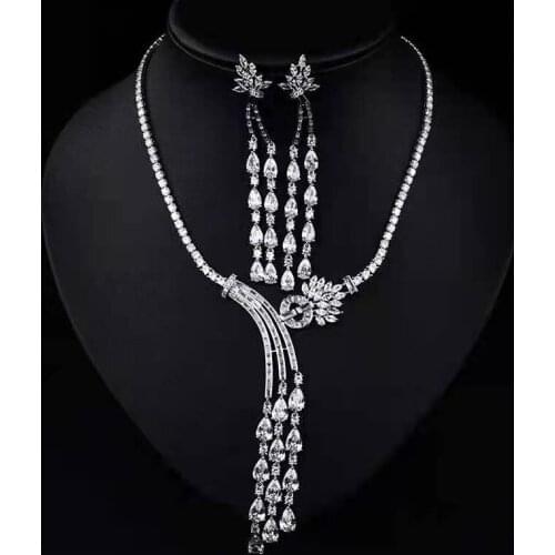 Funmode New Long Tassel Pendientes Water Drop CZ Necklace Earring Jewellery set for Women Accessories colar feminino FS154