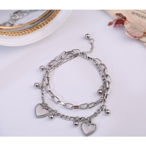 Hip Hop Cool Double Layered Linked Chain Heart Bracelets for Women Silver Color Metal Beads Charm Bracelet Street Style Jewelry