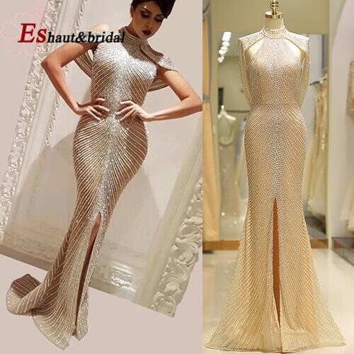 Generous Front Split Gold Evening Dress for Women 2020 Long Sexy Luxury Dubai Arabic Crystal Mermaid High Neck Formal Party Gown