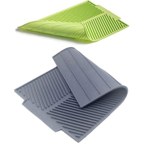 2x Silicone Dish Drying Mat Flume Folding Draining Mat,Rectangle Drain Mat Drying Dishes Pad Green & Gray