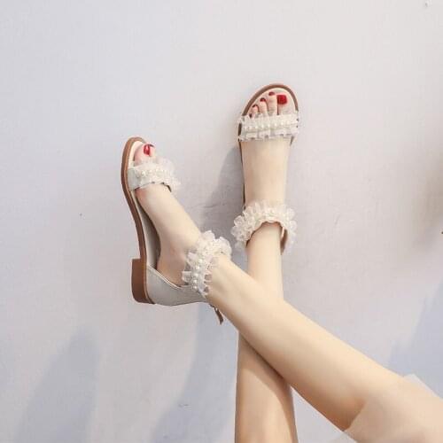 2021 Lace Beads Sandals New Summer Women Fashion Zipper Roman Sandals Female Sweet Fairy Flat Sandals Student Cool Shoes 34-40