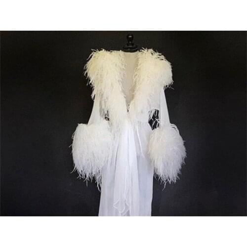 White Bathrobe Womens Ostrich Feather Bath Gown Tulle Illusion Long Bridal Robe Wedding Nightgown