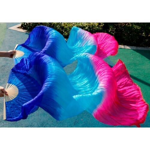 Hits 2018 High selling women Quality Silk Belly Dance Fan Dance 100% Real Silk Veils 1 pair royal blue+Turquoise+rose