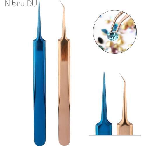 Curved Straight Tweezers Stainless Steel Gold Blue Nail Sticker Rhinestone Picker Dead Skin Remover Makeup Nail Art Tools