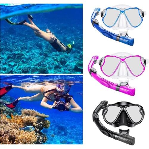 Premium Dry Snorkel Set, Adults Snorkeling Diving Mask Tempered Glass Silicone Swimming Goggles Mask Dry Snorkel Set