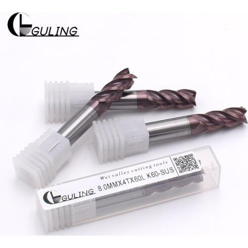 GULING 60 degree solid tungsten carbide end mill 4 flutes square end mills for stainless steel HRC60 1MM 1.5MM 2MM