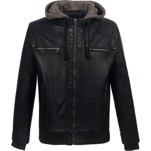 NEW Men Retro Classics PU Faux Leather Jacket Removable Hooded Collar Motorcycle Coat Slim Fit Zipper Pocket Windbreak Outerwear
