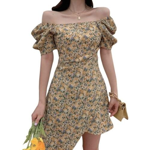Summer Women Floral Dress 2021 Fashion Printing One word collar Irregular Short Dress Puff Sleeves Vintage Casual Female Dresses
