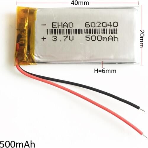 3.7V 500mAh 602040 Lithium Polymer LiPo Rechargeable Battery For DIY Mp3 DVD RECORDE GPS video pen camera bluetooth