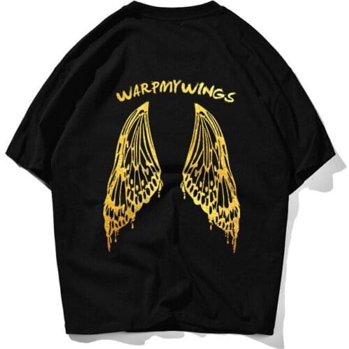 Mens Summer New Angel Devil Bronzing Big Wings T-shirt Loose Oversize Couple Pure Cotton Short-sleeved American Hip-hop