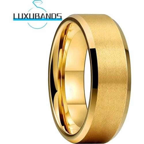 Mens Wemen 8MM Gold Tungsten Wedding Rings Beveled Edges Engagement Bands Matte Brushed Finished Comfort Fit
