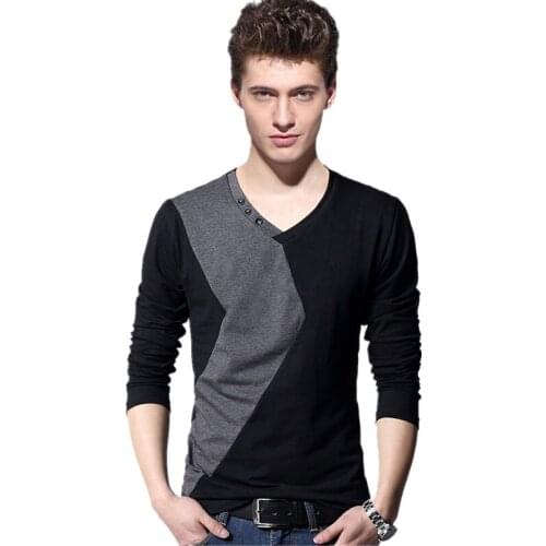 100% Cotton 2020 New Spring Long Sleeve T Shirts Men Contrast Color Button V Neck Fitness Slim Fit Mens T Shirt Plus Size 5XL