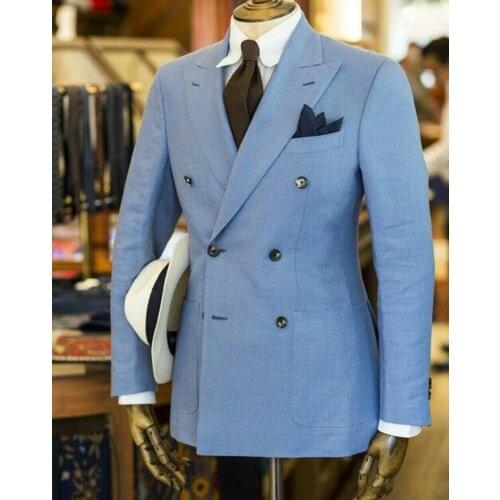 New Fashion Mens Blue Suits One Piece Jacket Double-breasted Peak Lapel Formal Wear Groom Best Man Suit Mens Coat 2 Pieces