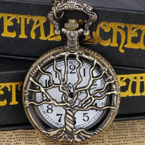New Retro Unisex Bronze Hollow Tree Design Quartz Pocket Watch With Fob Chain Women Watch Pendant Necklace Chain Men Gifts