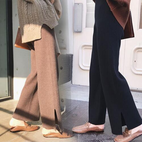 2019 Autumn Winter Women Pants Wide Leg Pants High Waist Elastic Waist Korean Style Femme Casual Loose Knitted Wool Pants OS207