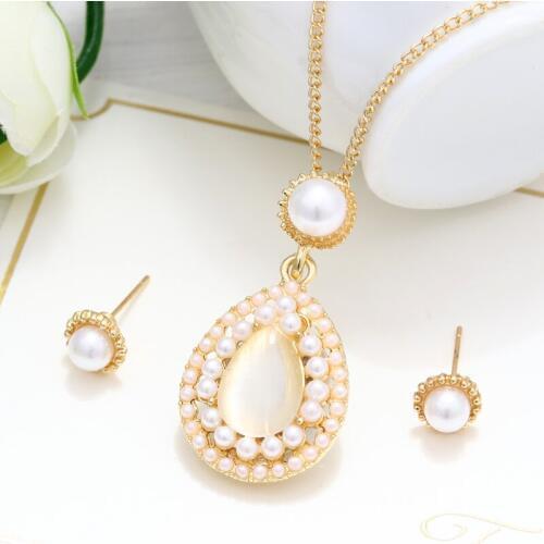 Luxury Cat Eye Water drop Pearl Wedding Jewelry Sets Long Chain Round Rhinestone Crystal Necklaces & Pendants Necklace Earrings