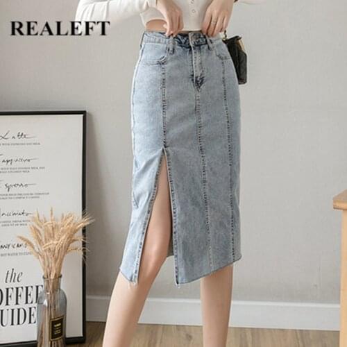 REALEFT 2021 New Women Denim Skirts Fashionable High Waist Patchwork Slim Split OL Style Casual Knee Length Midi Skirts Female
