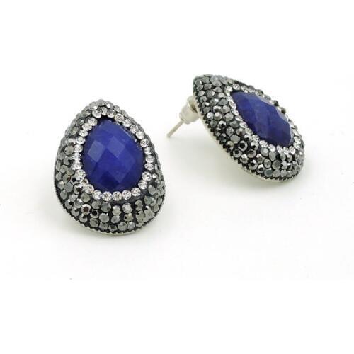 Blue Stone Faceted Drop Bead Pave CZ Stud Earrings Approx 25*20 mm