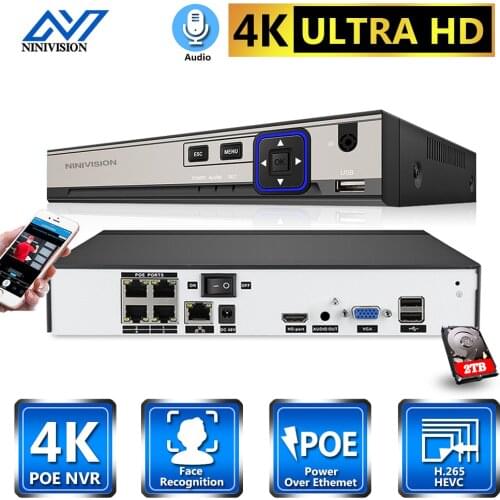NINIVISION 4CH NVR POE 4K Surveillance CCTV NVR 48V POE For H.265 IP Camera P2P ONVIF 8MP Network Video Recorder