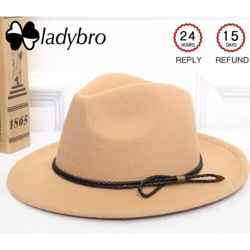 Ladybro Elegant Women Fedoras Hat Lady Imitation Wool Hat Female Cap Men Wide Brim Hat Autumn Winter Sombreros Jazz Cap Male