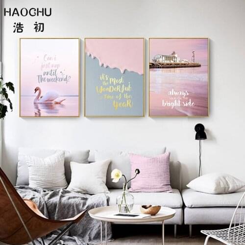 HAOCHU Nordic Poster Fresh Girl Back View Tower Swan Lake View Rose Town Canvas Painting For Home Wall Decor Art Print Poster