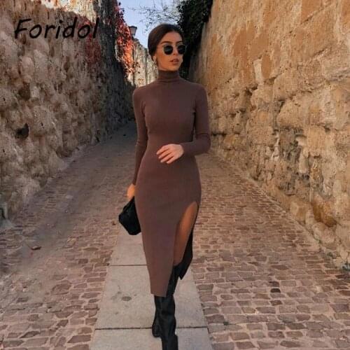 Foridol Turtleneck Knitted Sweater Dress Maxi Long Autumn Winter Dress Long Sleeve Casual Brown Slit Midi Dress Office Ladies