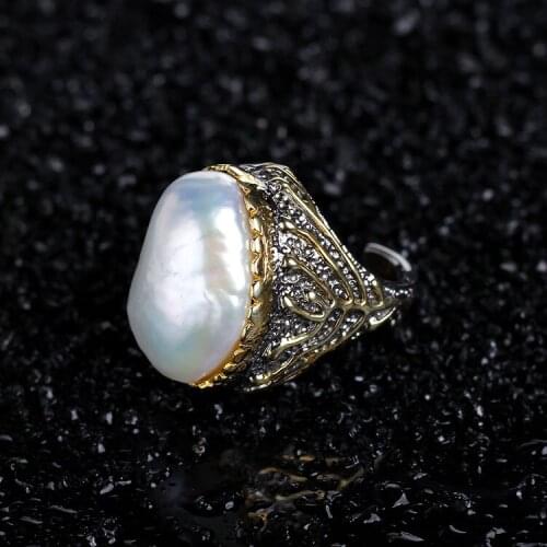 Natural Pearl Baroque Big Ring S925 Sterling Silver Vintage Thai Silver Jewelry Cross-border Generation Custom Open Ended Ring