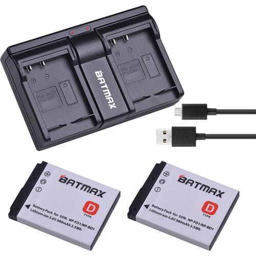 Batmax 2Pcs 980mAh NP-FD1 NP-BD1 Battery+Dual USB Charger For sony DSC T300 TX1 T900 T700 T500 T200 T77 T900 T90 T70 T2 G3 S930