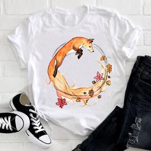 Women Short Sleeve 4XL Plus Size Flower Kawaii Cute Fox Animal Clothes Ladies Graphic Print Tee Top Tshirt Female T-shirt