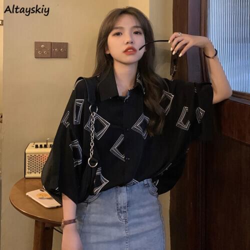 Blouse Women Oversized Chic Batwing Sleeve Design Geometric Popular Retro Ladies Blusas All-match Summer Vintage Womens Shirts