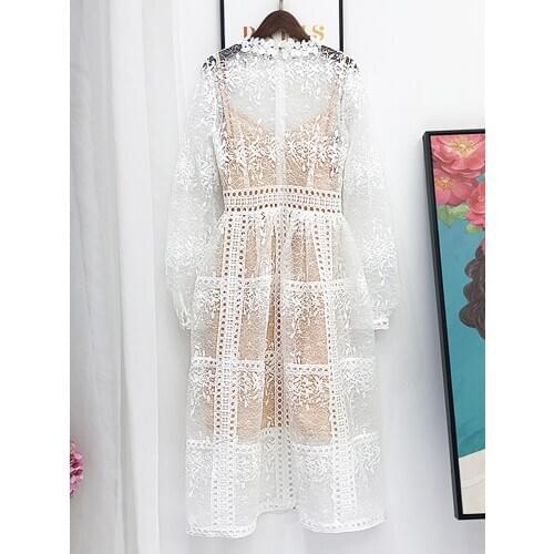 Korean Summer Sexy Hollow Out Embroidery Lace Long Dress Runway Women Long Sleeve Elegant Party White Princess Dresses Vestidos
