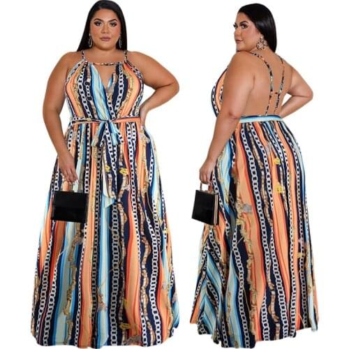 Retro Boho Women Sexy Long Maxi Dress Sleeveless Halter Loose Printing Ladies Casual Dresses Summer Beach Sundress Plus Size 5XL