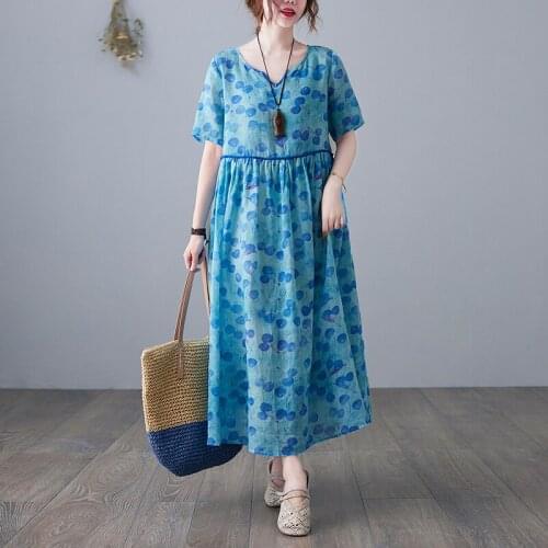 French Style Gentle elegant Lady Fashion Dress Short Sleeve Loose Summer Dress Cotton Linen Print Women Travel Casual Long Dress