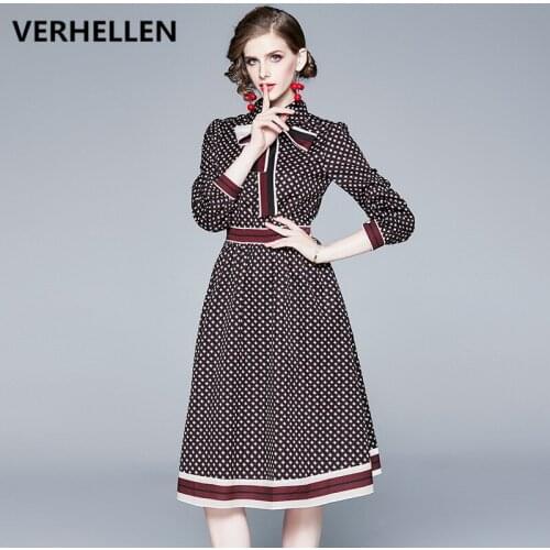 VERHELLEN Runway Vintage Dress 2020 Autumn Womens Long Sleeve Bow Collar Striped Print Casual Dress Elegant Lady Party Dresses