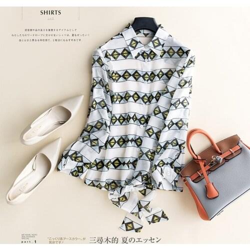 100% Silk Women Floral Printed Comfort Temperament T-shirt Leisure Lattice Ribbon Bow Tie Long Sleeves Loose OL Ladies Shirt