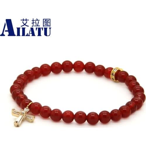 Ailatu Wholesale 10pcs/lot Summer Bracelets 6mm AAA Grade Natural Red Stone with Clear Cross Cz Beads Bracelets