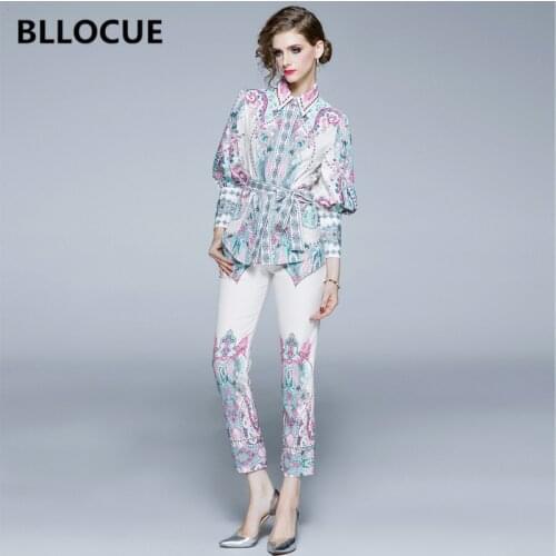 BLLOCUE Fashion Women Lantern Sleeve Turn Down Collar Flower Print Belt Shirt Top+Pencil Pants 2020 Spring Pant Set 2 Piece Set