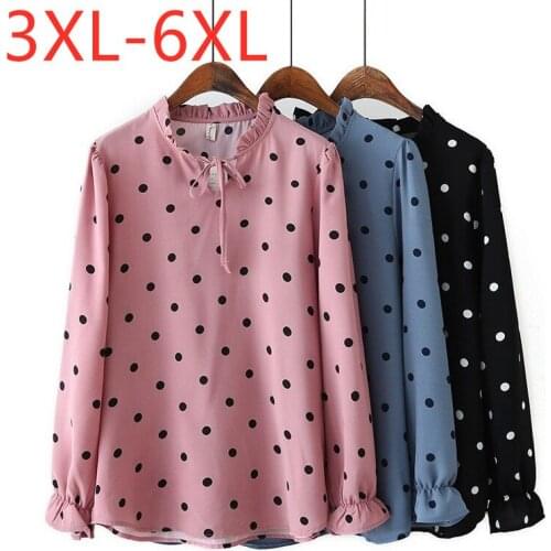 New 2021 Ladies Spring Autumn Plus Size Tops For Women Large Blouse Long Sleeve Casual Cotton Dot Pink Shirt 3XL 4XL 5XL 6XL