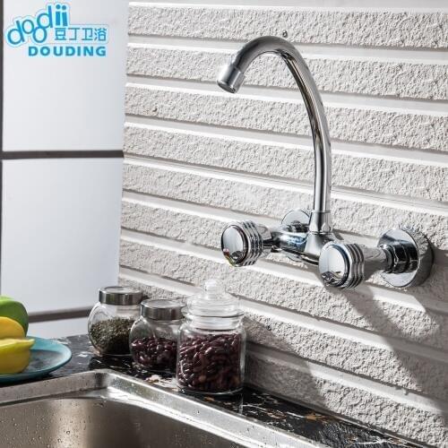 Doodii Double Handle Kitchen Faucet Mixer Wall Mounted Brass Copper Chrome Plated Bathroom Kitchen Sink Water Tap Hot Cold Water