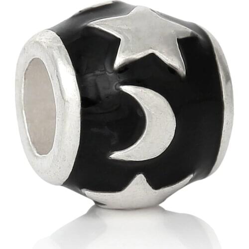 DoreenBeads European Charm Beads Barrel Silver color Enamel Black Star Moon Pattern About 12mm Dia,Hole: Approx 5.3mm,10 PCs
